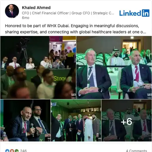 LinkedIn post by speaker Khaled Ahmed about World Health Expo 2026