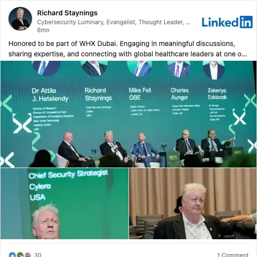 LinkedIn post by speaker Richard Staynings about World Health Expo 2026