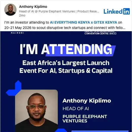 LinkedIn post by investor Anthony Kiplimo about GITEX Kenya 2026