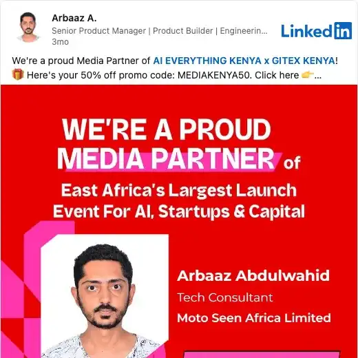 LinkedIn post by media partner Arbaaz A. about GITEX Kenya 2026