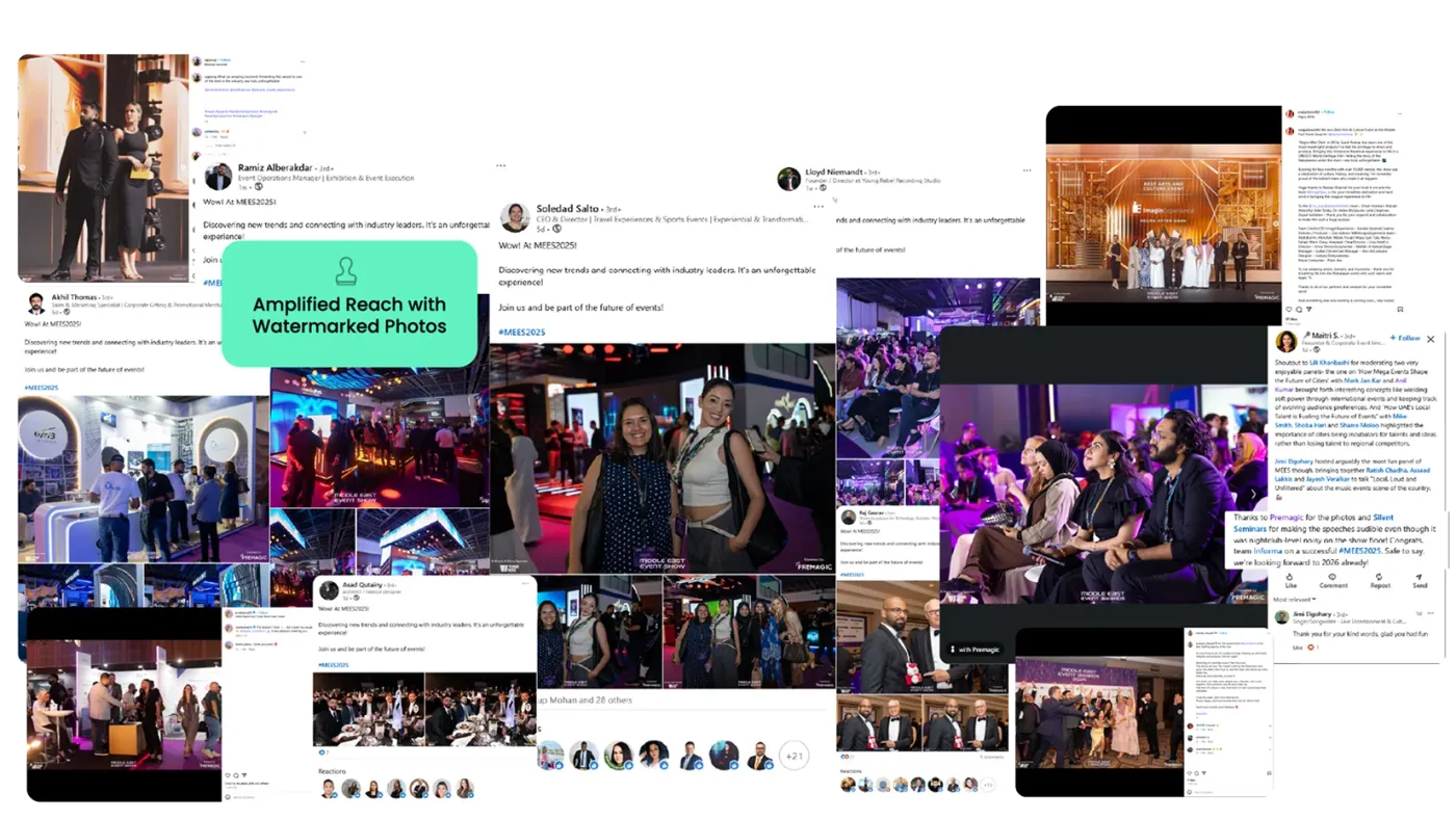 A collage of attendee LinkedIn posts carrying Venue Wise watermarked photos from MEES 2025